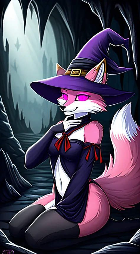 zoomed out image, fantasy style art, a curvy and skinny and attractive adult feminine anthropomorphic fox, light pink fur, glowing pink heart eyes, heart eyes, blowing a kiss, wearing a witchs outfit, winking with one eye, in a dark cave, creepy, digital i...