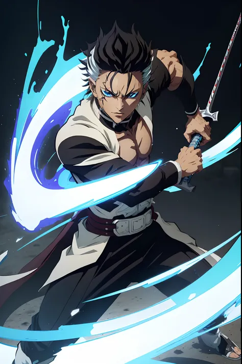 Man, jovem negro, Penteado Grimmjow, cabelos pretos, demon slayer uniform, espada, lindo, Bleach poses, forte, blue eyes, olhos lindos