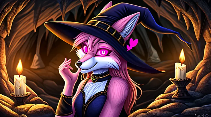 zoomed out image, fantasy style art, a sexy and skinny and attractive adult feminine anthropomorphic fox, light pink fur, glowing pink heart eyes, heart eyes, blowing a kiss, wearing a witchs outfit, winking with one eye, in a dark cave, creepy, digital il...