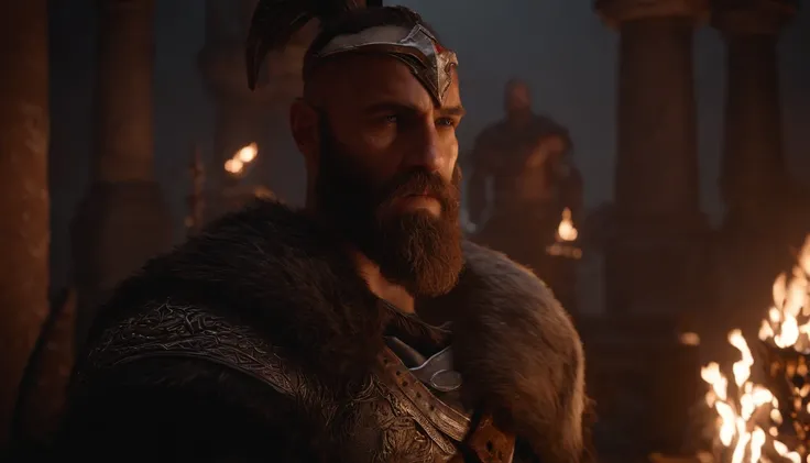 um homem com uma coroa e uma barba ao lado de um homem com barba, filme ainda de god of war, Elden Ring Cinematic Lighting, cinematic unreal engine 5, unreal engine 5 render dramatic, ainda de um filme de fantasia, Unreal Engine 5 altamente renderizado, wi...