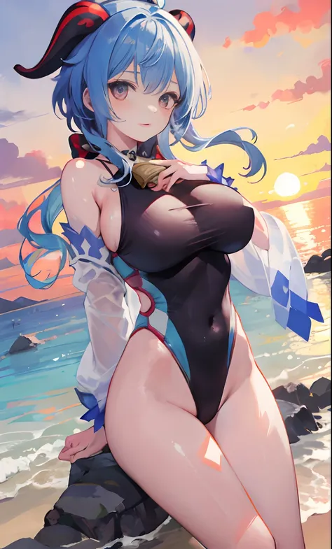 ganyu, nsfw, one piece swimsuit, beach, sunset, big breasts