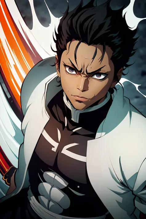 man, black young man, grimmjow hairstyle, black hair, demon slayer uniform, sword, lindo, bleach pose, forte, fearless eyes