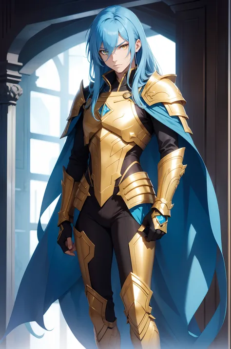 solo male, blue hair, yellow eyes, long hair, golden armor, slim, form fitting, fantasy