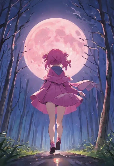 Forest at night，The back of a small pink pig running，with full moon in the sky