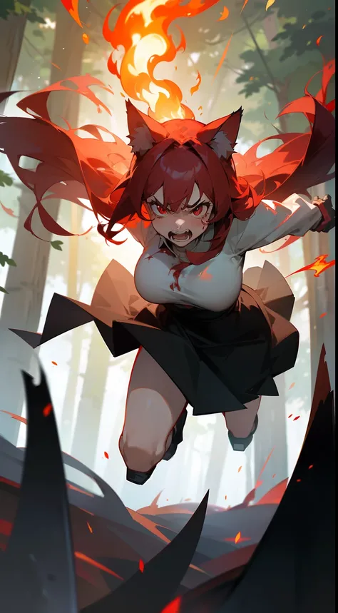 1girl ,20s,mature female,angry face,white shirt,black skirt,medium tits,red hair,long hair,red eyes,Cat ears(((running in a forest burning))),(((casting magic fire,hides arms,cuts on the body, cuts on clothes, open mouth,angry))),masterpiece,hd,4k,