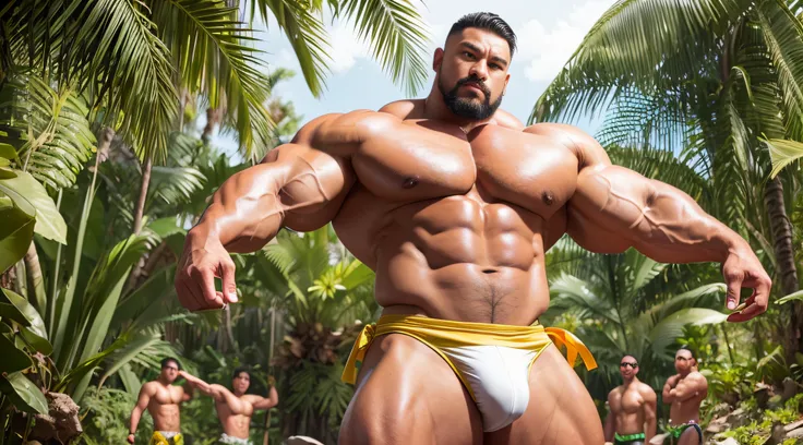 (Extremely detailed 8k wallpaper), A strong Chinese man，Stand in the rainforest，High detail, short detailed hair，short mustache，Wear white thongs，Perfect figure with tattoos, Very huge and strong body, Bulging muscles, musculous, Very large pectoral muscle...