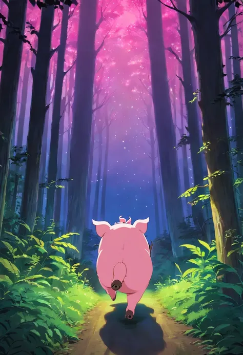 Forest at night，The back of a small pink pig running