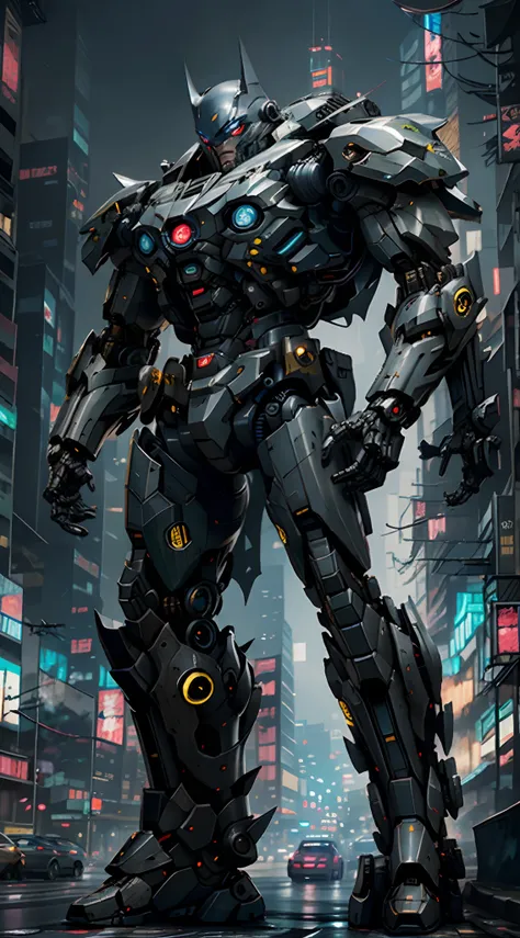 giant robot, Batman in cybernetic armor mecha, Mech de anime Cyberpunk, Mech macho, CGSorthence e Fenghua Zhong, anime mecha aesthetic, mechanization, Bonito ciborgue Batman Negro com neon amarelo, Cyberpunk, Camuflagem militar verde, dynamic scene, 2 0 e....