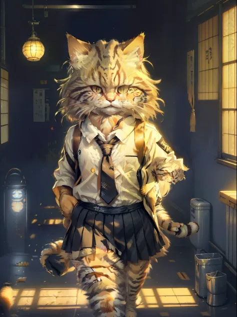 (Photo of a tabby cat(Japanese cat, Manul, Siberian cat) close - up, Walk down the school corridor:1.2), (c4ttitude:1.3), Hyper-realistic intricate details, (ambiguous:1.1), Baixos point of view, Dressed in school uniforms(white  shirt, black skirt, tie), ...