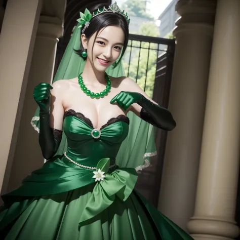 emerald tiara, Green Pearl Necklace, Boyish very short black hair, lipsticks, Japan woman smiling, Long green gloves made of satin material, very short short hair, fist, big breasts beautiful, verd s eyes