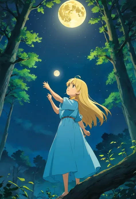 Forest at night，A girl with blonde hair and yellow eyes stands in a large tree and sings，The sky has a full moon