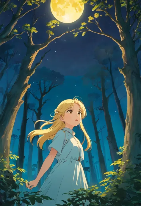 Forest at night，A girl with blonde hair and yellow eyes stands in a large tree and sings，The sky has a full moon