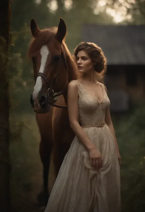 (best quality,4K,highres,masterpiece:1.2),ultra-detailed,(realistic,photorealistic,photo-realistic:1.37),woman elegantly dressed in vintage attire,holding horse,surrounded by old,abandoned buildings within a dense forest,portraits,moody lighting,subtle col...