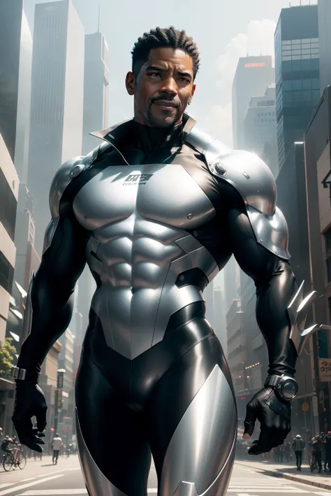 masutepiece、超A high resolution、Powerful images、8K、futuristic city street、Streets lined with skyscrapers、Denzel Washington Style Mens、Silver Bodysuit、Macho figure、Threaten with open hands、Invincible smile、