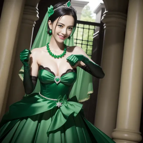 emerald tiara, Green Pearl Necklace, Boyish very short black hair, lipsticks, Japan woman smiling, Long green gloves made of satin material, very short short hair, fist, big breasts beautiful, Green eyes