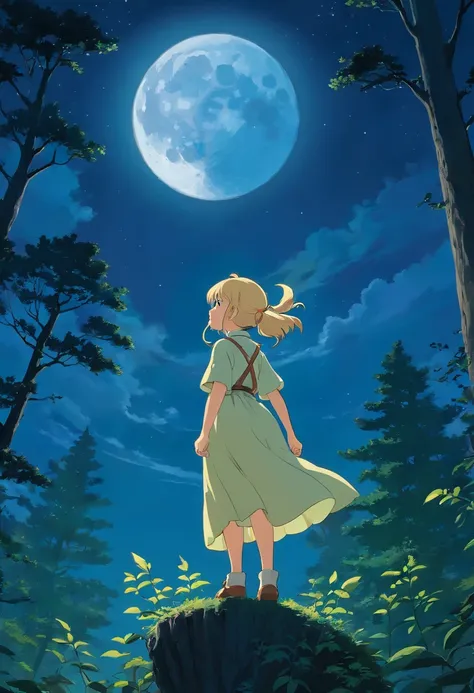 Forest at night，The back of a blonde girl standing on a treetop singing，The sky has a full moon