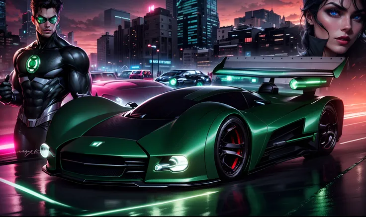 Um carro futurista Preto Brilhante potente no primeiro plano, behind there is the male superhero Green Lantern and on the other side a beautiful woman with blue eyes and red lips and in the background New York buildings with sunsets and neon lights