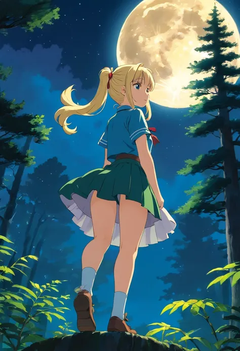 Forest at night，A blonde girl with double ponytail（Wear a short skirt school uniform）The back of a singing song standing on a treetop，The sky has a full moon