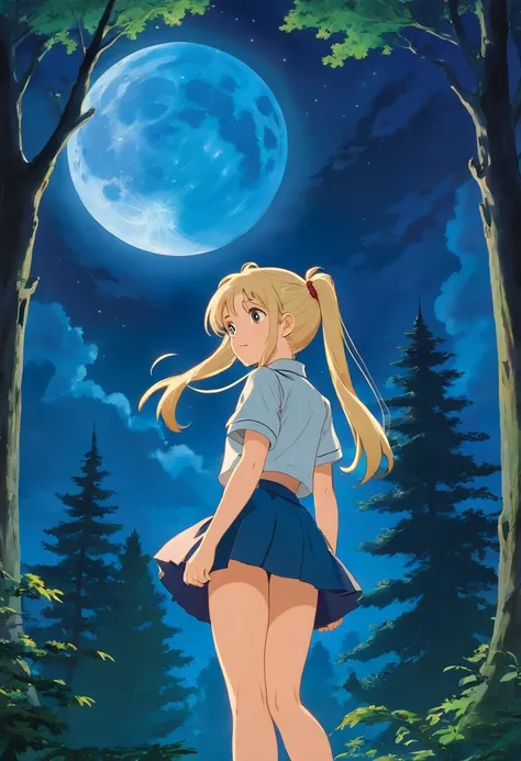 Forest at night，A blonde girl with double ponytail（Wear a short skirt school uniform）The back of a singing song standing on a treetop，The sky has a full moon