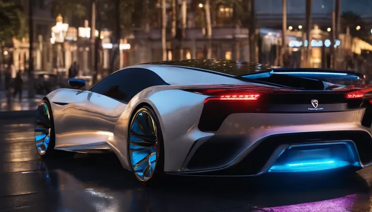 Ominous futuristic car, Wet reflective pavement, iridescent paint, highly detailed rims, glowing rims, View from the front, Futuristic city background, prime time, [Cyberpunk Night City:1.3], 8K DSLR, Sharp, tack sharp, Intricate details, Masterpiece, Gold...