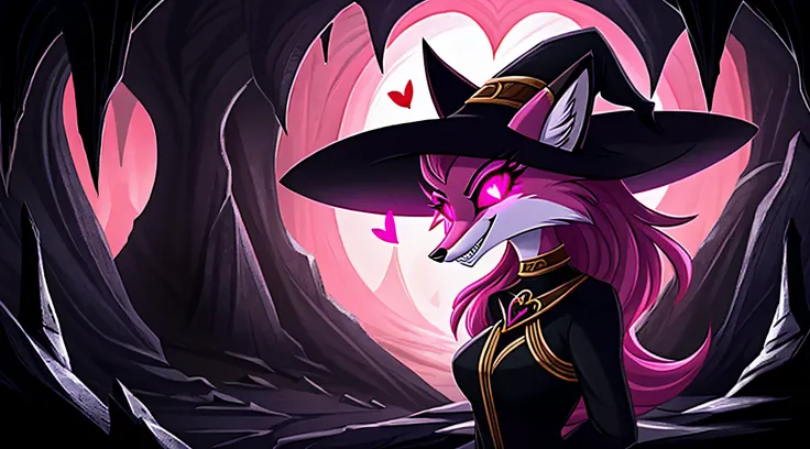 portrait, fantasy style art, attractive, a shapely and lovely adult feminine anthropomorphic fox, big long eyelashes, evil temptress, dark pink fur, glowing pink heart eyes, hearts in her eyes, wearing a witchs outfit, evil smile, teeth showing, in a dark ...