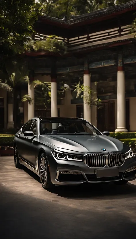 A BMW 760, metallic, spacious, bright, commercial photography, large scenes, ambient light, ancient Chinese architecture, gardens, bamboo, rockery, bright car lights, real photos, rich details, cinematic atmosphere, cinematic light, central composition, fr...