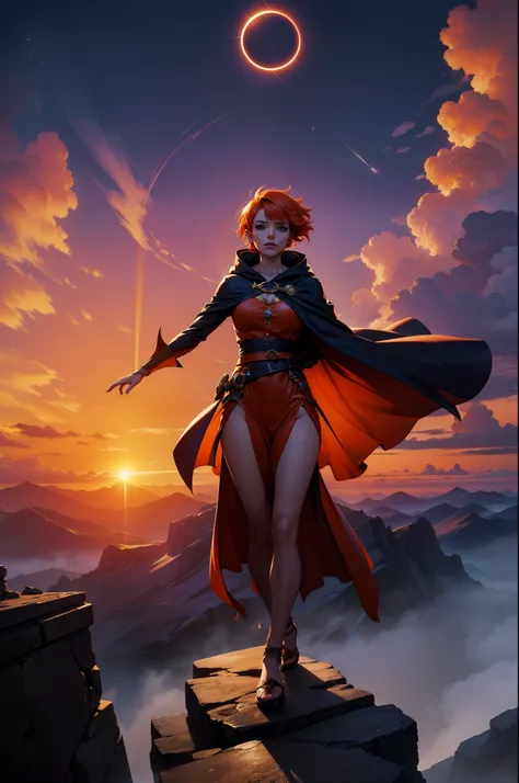 A female character magician with orange hair making a powerful position on a raised stone in a city among the clouds sunset sky full of clouds magician wearing hood of beautiful bathrobe 8k dramatic scenery statues character with short hair and large cape ...