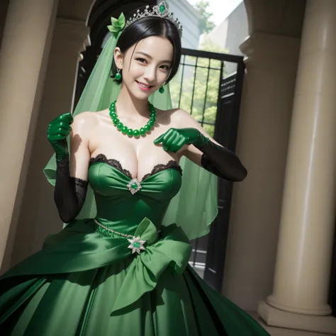 emerald tiara, Green Pearl Necklace, Boyish very short black hair, lipsticks, Japan woman smiling, Very short black hair, fist, big breasts beautiful, verd s eyes, Long green gloves made of satin material