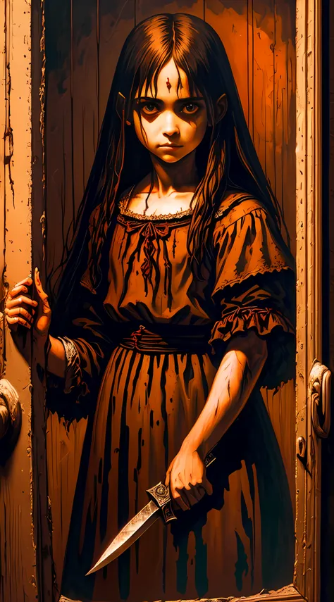 A sataniv young demonic creepy girl locked in a dark and dirty cell, full body, holding a bloody knife, horror, thick strokes, impasto, Albrecht Dürer, Rembrandt, baroque art, alla prima, sfumato, chiaroscuro, intense light, catchlight, synthwave