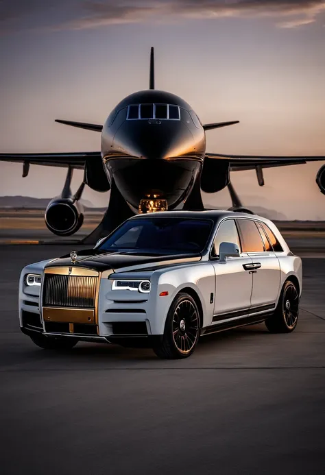 On the runway is parked the black gold Rolls-Royce Cullinan,A business jet white is parked on the side,Luxury