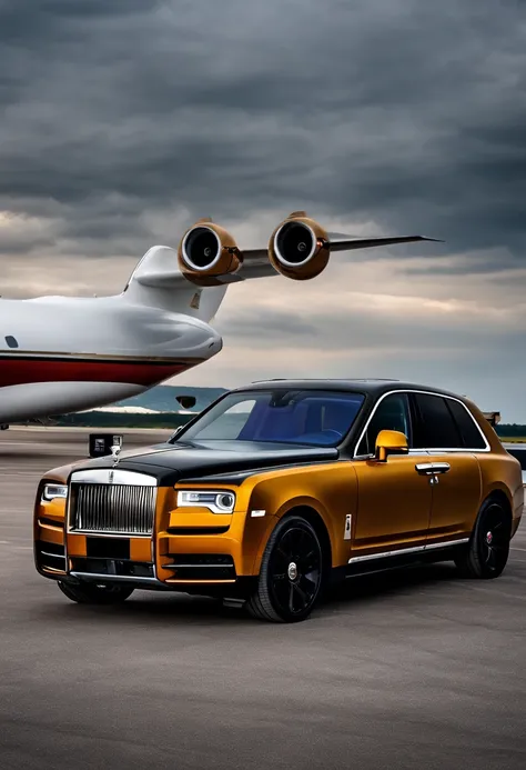 On the runway is parked the black gold Rolls-Royce Cullinan,A business jet white is parked on the side,Luxury