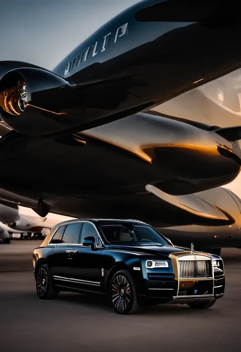 On the runway is parked the black gold Rolls-Royce Cullinan,A business jet white is parked on the side,Luxury