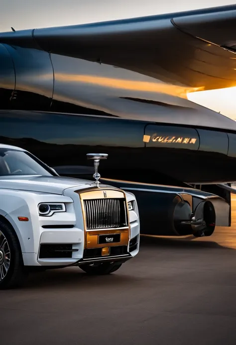 On the runway is parked the black gold Rolls-Royce Cullinan,A business jet white is parked on the side,Luxury