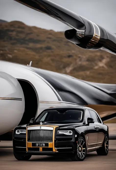 On the runway is parked the black gold Rolls-Royce Cullinan,A business jet white is parked on the side,Luxury