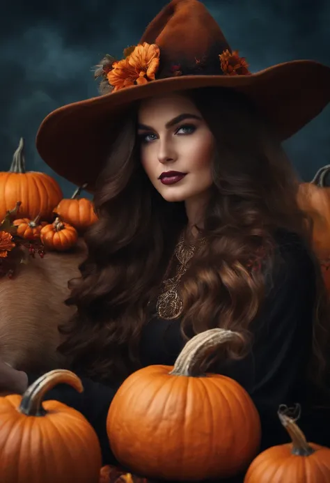 Fluffy long hair cow, fall, witch hat, pumpkins