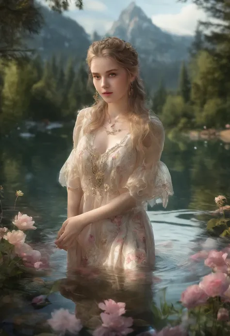 (best quality,4k,8k,highres,masterpiece:1.2),ultra-detailed,ethereal landscape,lake with magical qualities,a woman bathing in the waters,wearing a flowing and soft tunic,silk,sparkling water,sunlight reflection,sunny,magical flowers and trees,ethereal beau...