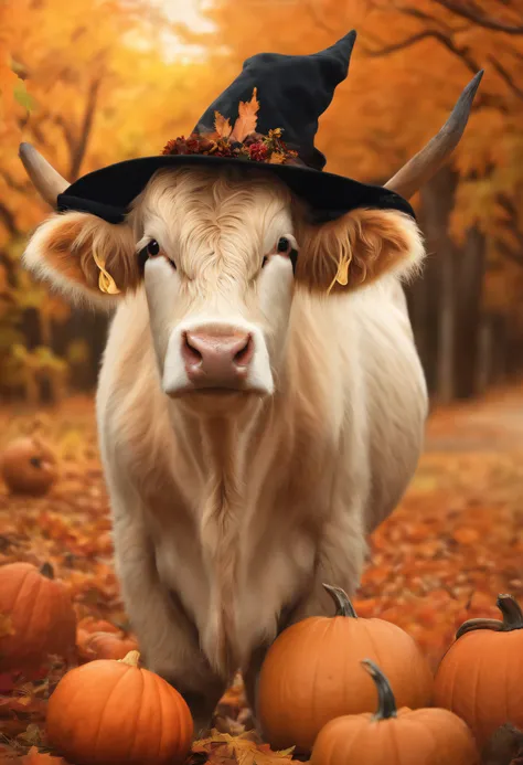 Fluffy long hair cow, fall, witch hat, pumpkins