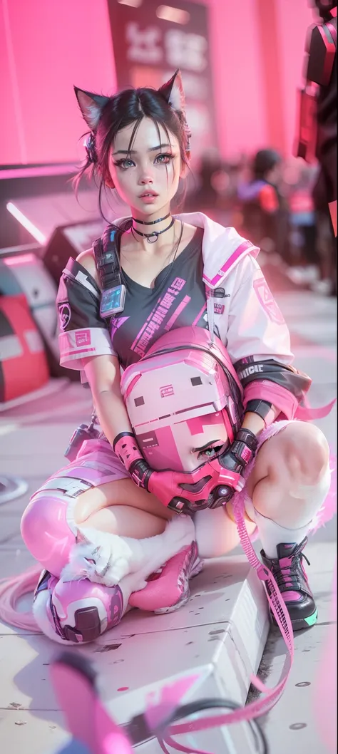 Change background cyberpunk cute girl, realistic face, 4k, ultra realistic with cat.