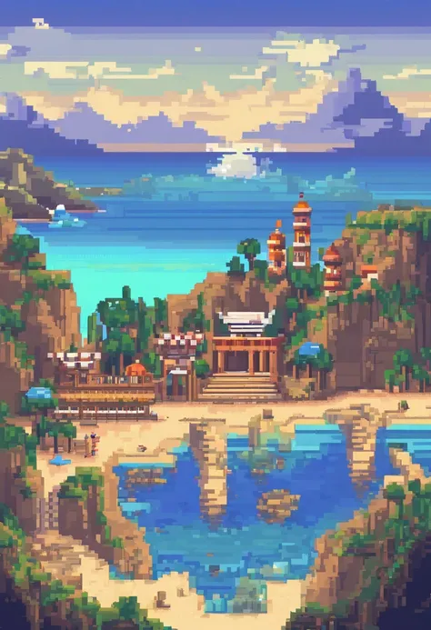 Pixel art of a tourist destination. Evening. 3D пиксельная графика 4K обои. Incredible pixel art. Pixel Art. Steam waves. Detailed pixel graphics of an unreal engine