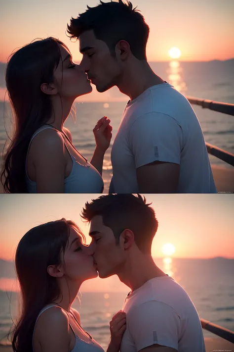 por favor, Create a realistic 8K high definition image of a couple of lovers kissing at sunset