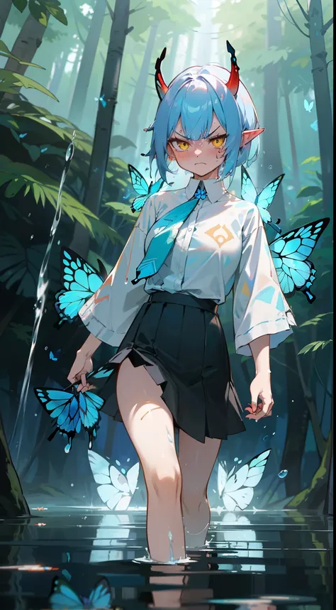 1oni girl,solo,(((angry face))),white shirt,black skirt,light blue hair, short hair,,yellow eyes,elve ear,mature female,red oni ...