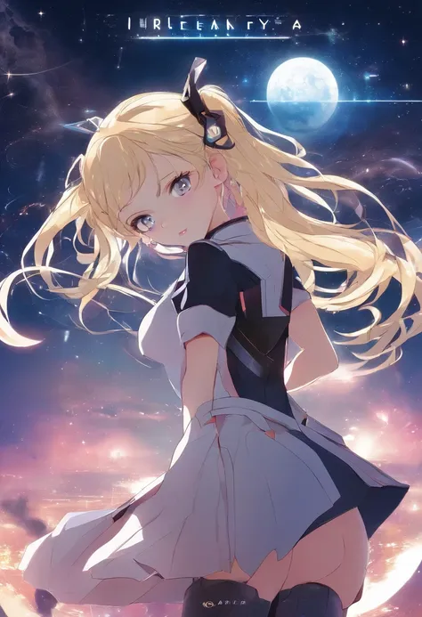 the night，A blonde girl with double ponytail and yellow eyes（Wear a short skirt school uniform）The back of a singing song standing on a treetop，The sky has a full moon