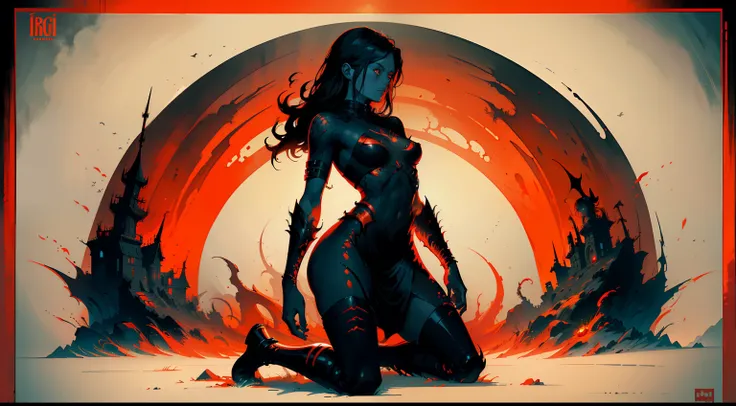 Dark, Fire Theme, red theme, Fire Theme, Orange,((Silhouette of a woman, Kneeling)), an ominous fantasy illustration, dan mumford tom bagshaw, Dark Fantasy Art Style, Beautiful illustration for decoration, Dark, But detailed digital art, fantasy horror art...