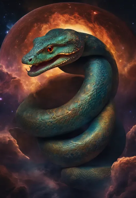 Cosmic god with the appearance of a snake, curling up on multiple planets