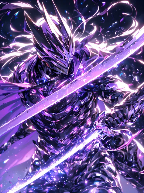 Super Realistic, Hyper Realistic, Super Detailed, (cybersamurai, 1boy, ((solo)), attacking with purple sword, wearing purple-red armor and mask, cape, glowing beautiful purple eyes, glow:1.3) (glowing simple black background:1.25),