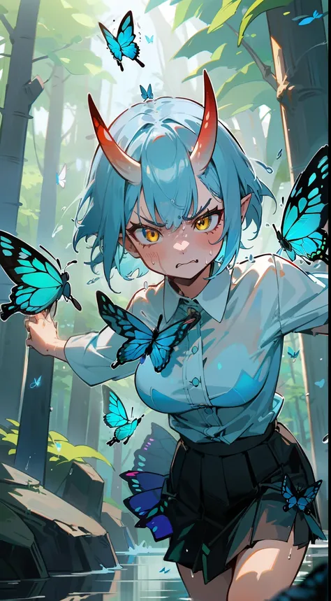 1oni girl,solo,(((angry face))),white shirt,black skirt,light blue hair, short hair,,yellow eyes,elve ear,mature female,red oni horns,medium tits,(((running in a forest))),(((casting water magic, several bright blue butterflies around,hidden arms))),master...