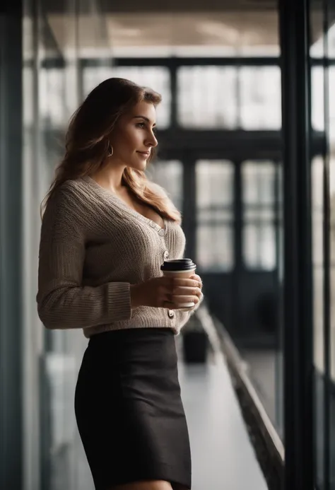 Indoors, portrait, a 30-year-old woman holding a coffee cup, black cropped knitted cardigan, arm:1, white narrow skirt with black plaid pattern, black knee-high suede boots, standing next to an office window with handsome men, having big ass, big breasts