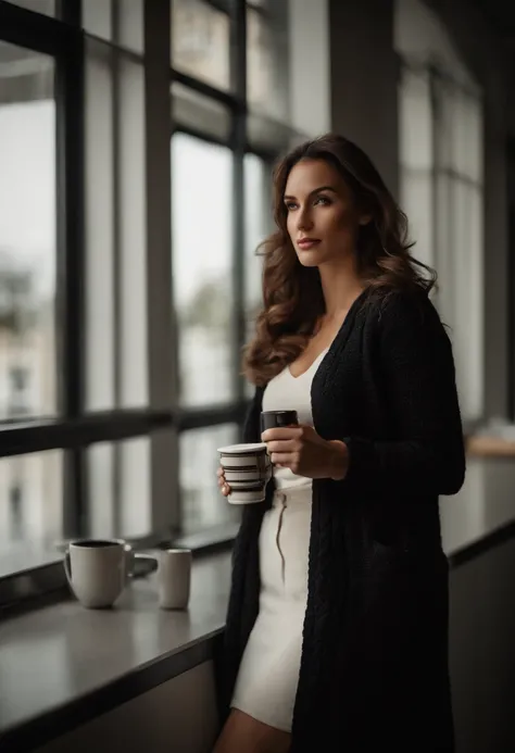 Indoors, portrait, a 30-year-old woman holding a coffee cup, black cropped knitted cardigan, arm:1, white narrow skirt with black plaid pattern, black knee-high suede boots, standing next to an office window with handsome men, having big ass, big breasts