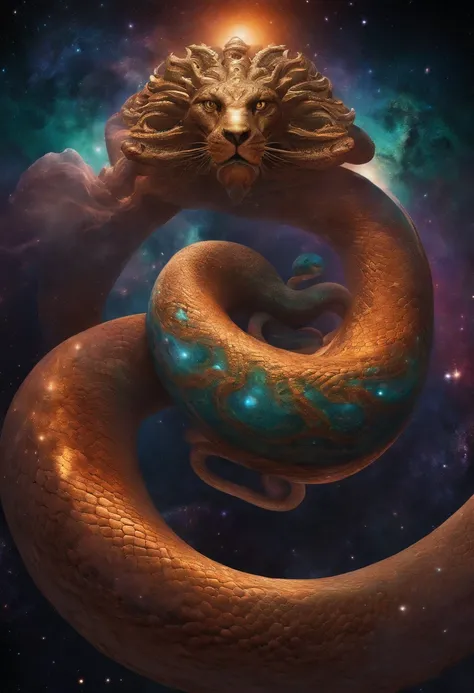 Cosmic god with the appearance of a multi-headed snake, curling up on multiple planets