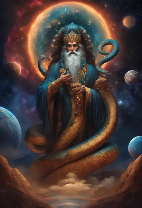 Cosmic god with the appearance of a multi-headed snake, curling up on multiple planets